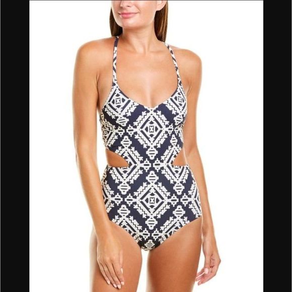 Tory Burch Blue White Tapestry Geometric Cut Out One Piece Swimsuit Size XS - Picture 2 of 14